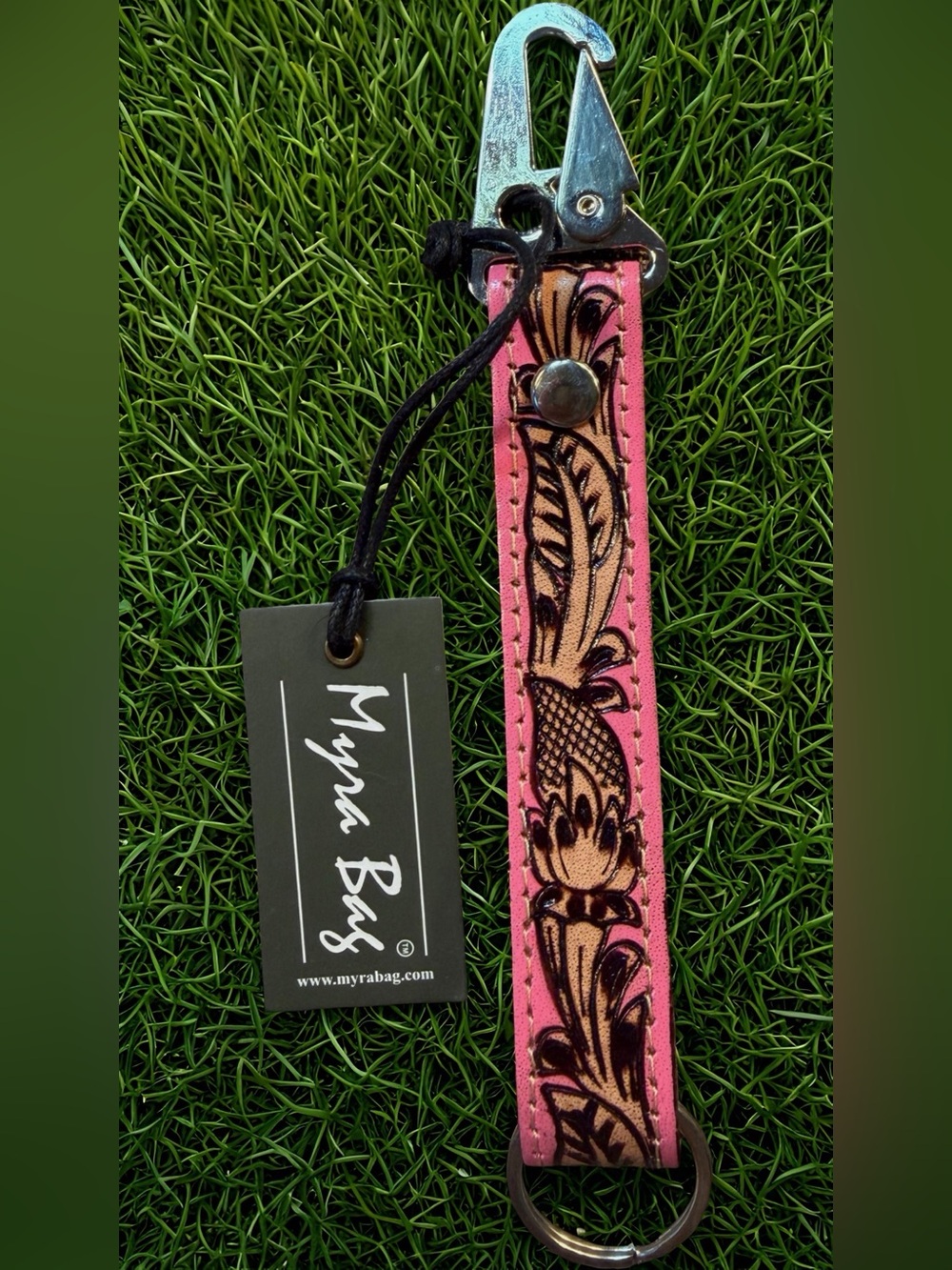 Myra Bag S-9632 Key Fob 7/8” x 1” Leather Hand Tooled Pink Skies Key Fob